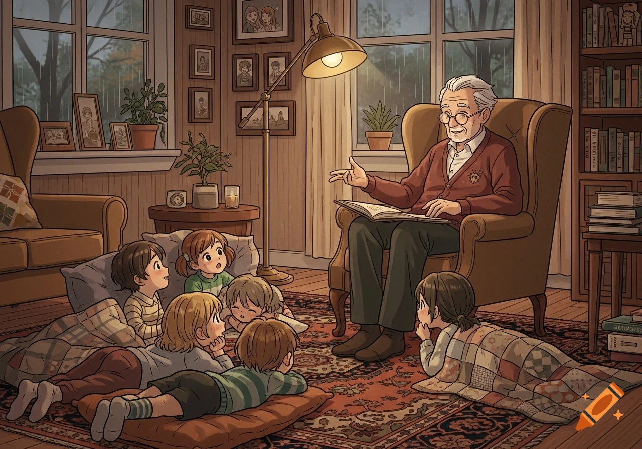 An old man in glasses reads from a book to five young children gathered around him on pillows and blankets in a cozy, warm-lit living room on a rainy day. Cartoon style.
