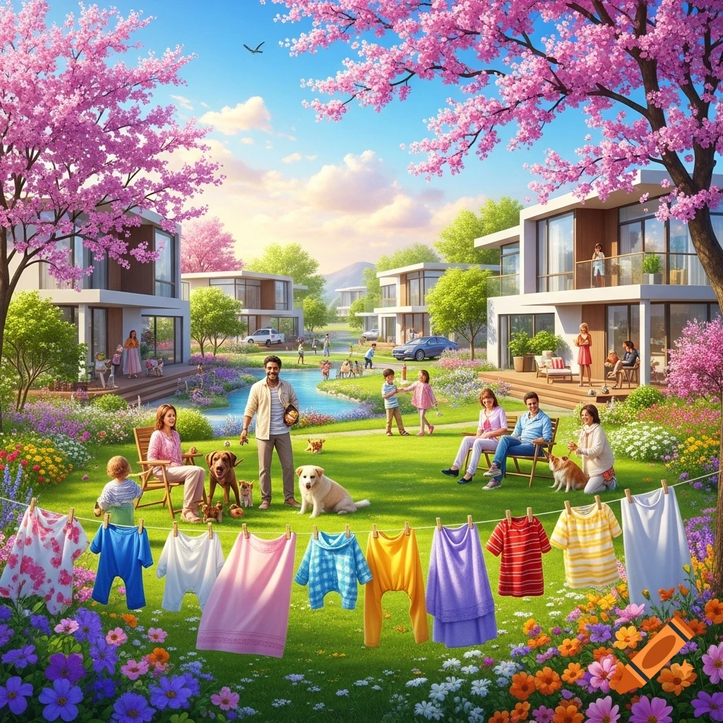 A vibrant spring scene with families, dogs, and modern houses surrounded by pink cherry blossoms and colorful flowers. Laundry hangs on a line in the foreground.
