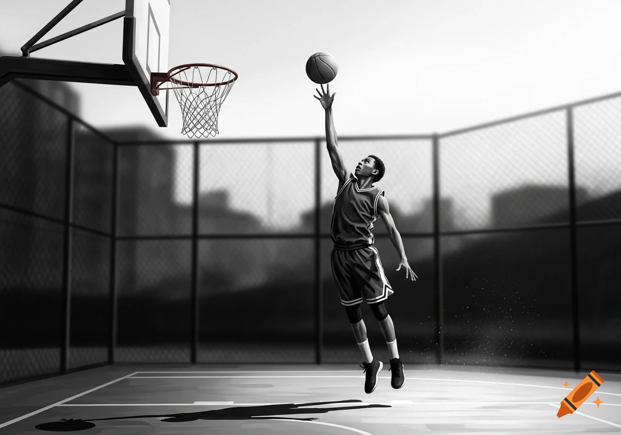 A black and white illustration of a basketball player jumping to shoot a ball into a hoop on an outdoor court.
