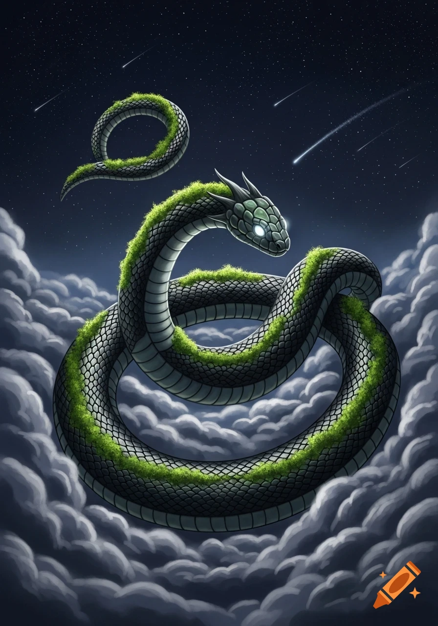 A majestic, moss-covered serpent with glowing eyes coils above clouds under a starry night sky with shooting stars, fantasy art.
