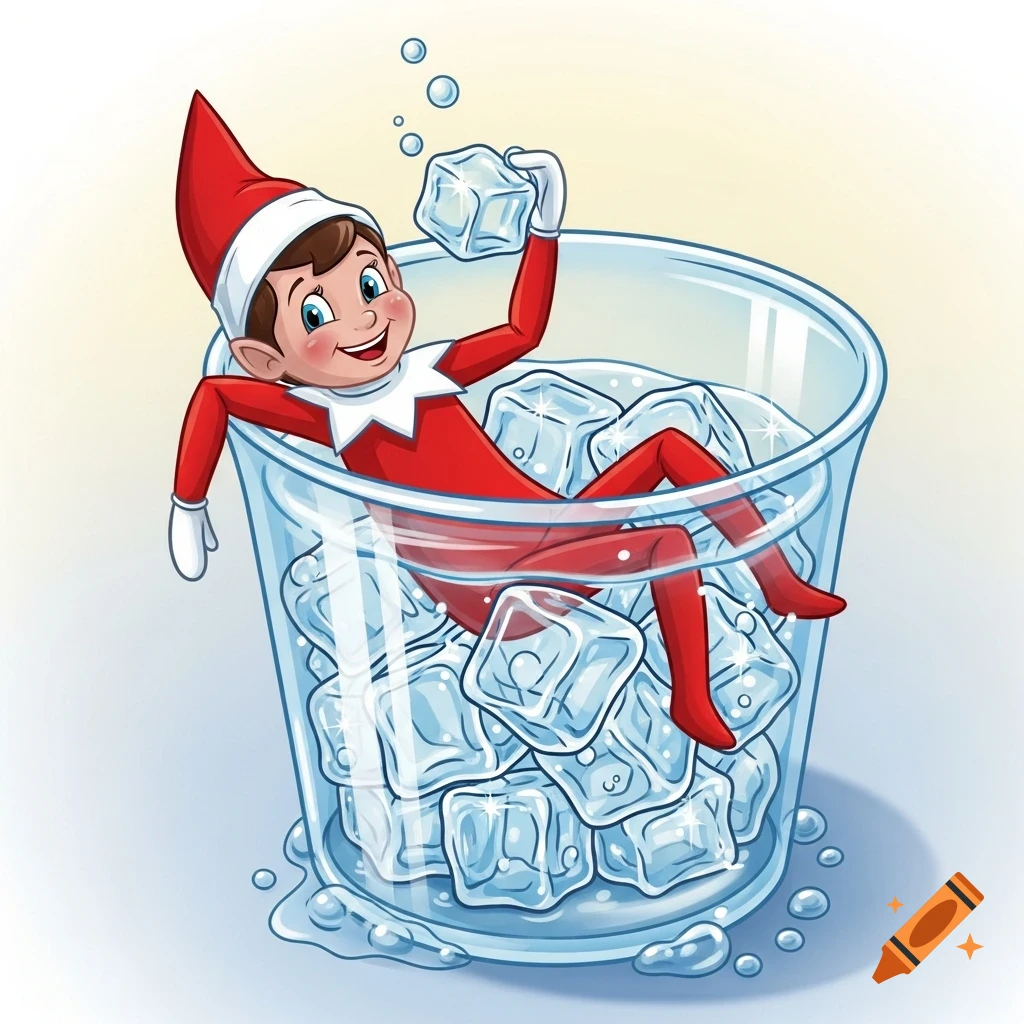 A cheerful cartoon Elf on the Shelf relaxes in a large glass filled with ice cubes, holding one up.