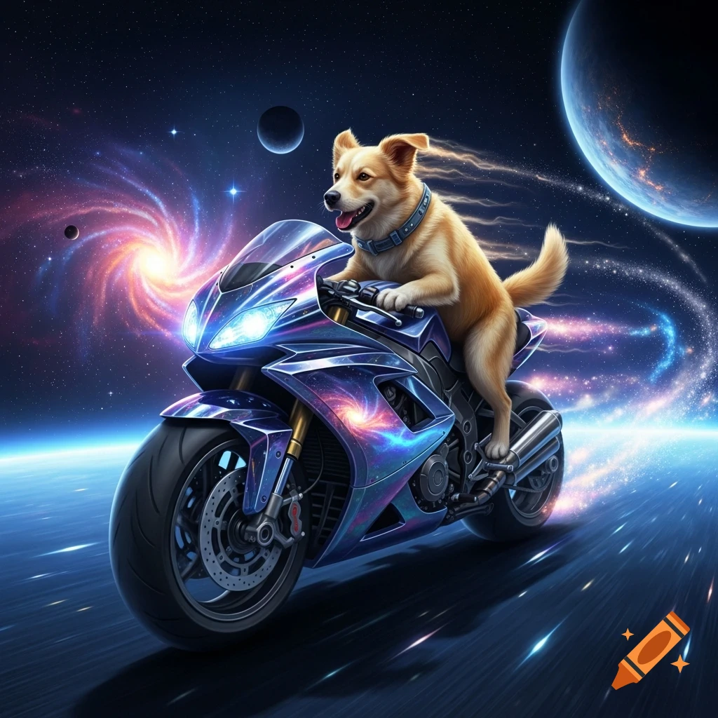 A happy dog rides a futuristic, galaxy-patterned motorcycle through a vibrant, star-filled space with planets.