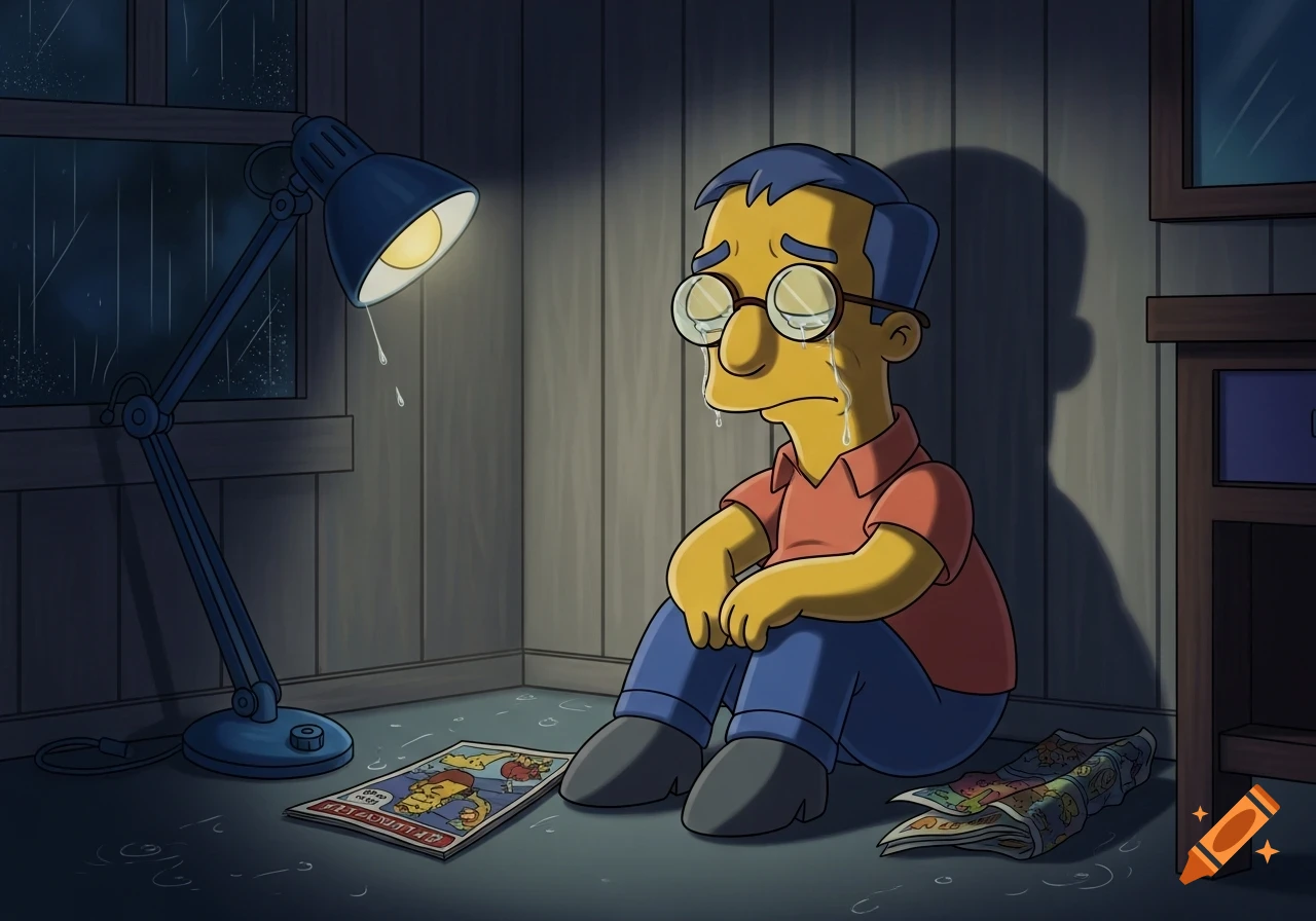 Milhouse van Houten from The Simpsons sits crying on the floor in a dark room with rain outside, next to a desk lamp and magazines.