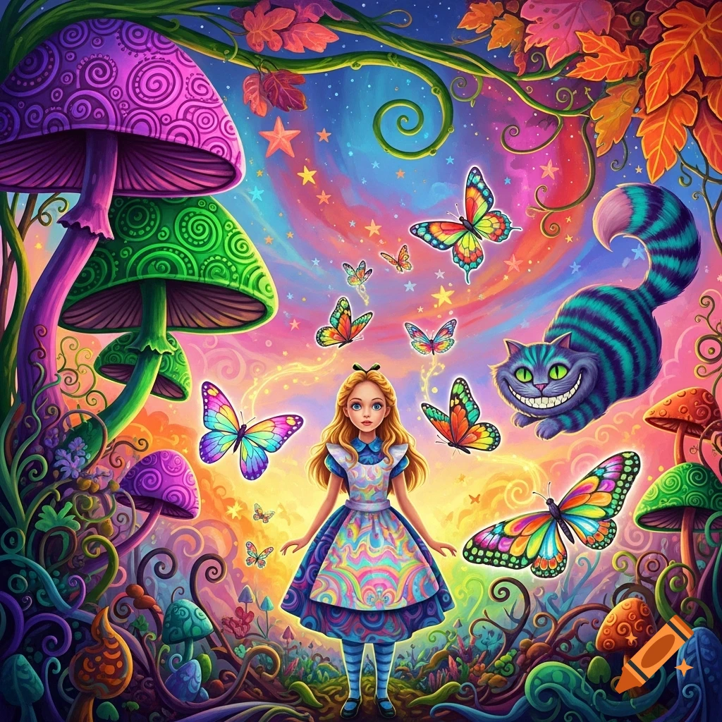 Vibrant psychedelic illustration of Alice in Wonderland, surrounded by colorful butterflies, giant mushrooms, and a grinning Cheshire Cat under a starry sky.