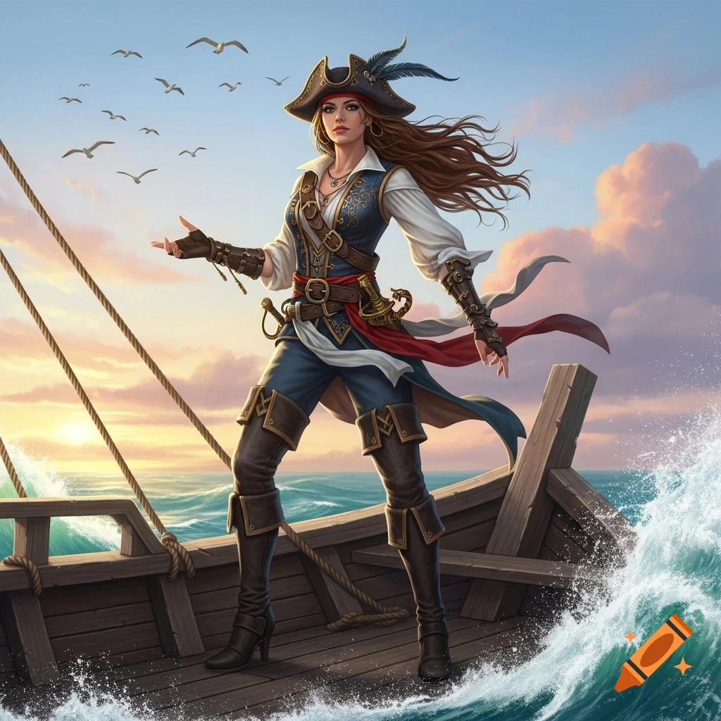 A female pirate with long brown hair stands confidently on a wooden ship amidst choppy waters at sunset, with seagulls flying above.