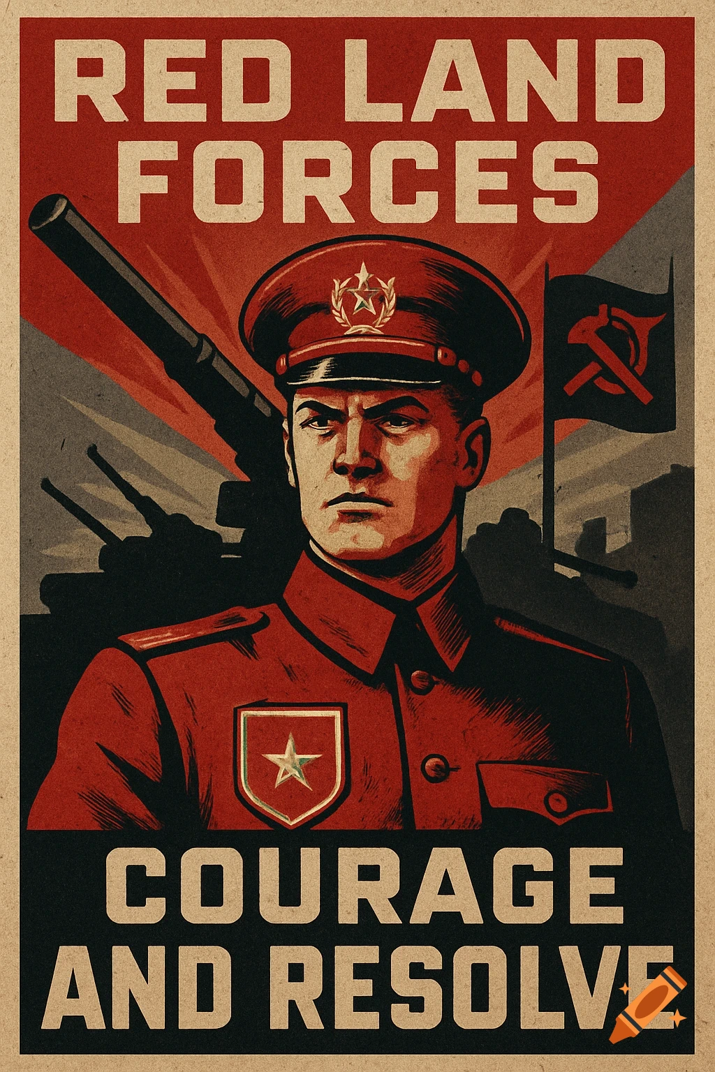 Vintage propaganda poster featuring a stern military officer in a red uniform, tanks, and a flag with a hammer and sickle-like symbol, with text 'RED LAND FORCES' and 'COURAGE AND RESOLVE'.