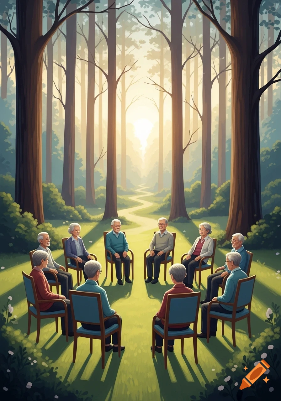 Older adults sit in a circle on green grass in a sunlit forest, surrounded by tall trees and a winding path.