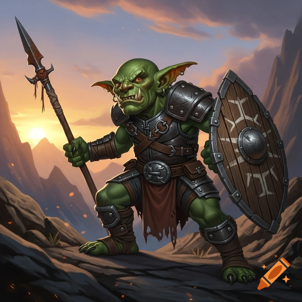 A green-skinned goblin warrior in armor stands on rocks, holding a spear and shield against a mountainous sunset backdrop. Digital painting.