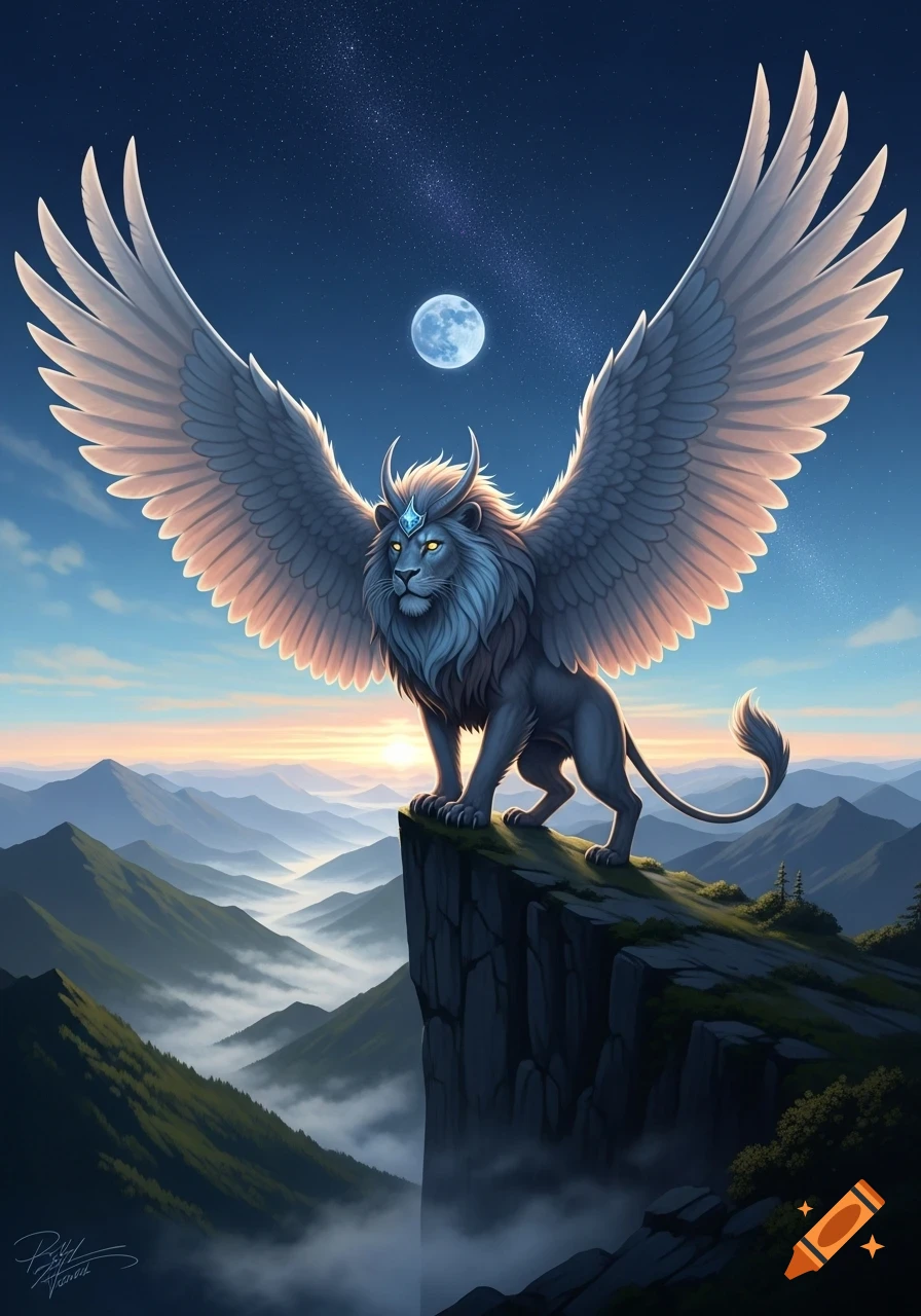 A majestic winged lion-like creature with glowing eyes stands atop a rocky mountain peak at dawn with a full moon and starry sky.