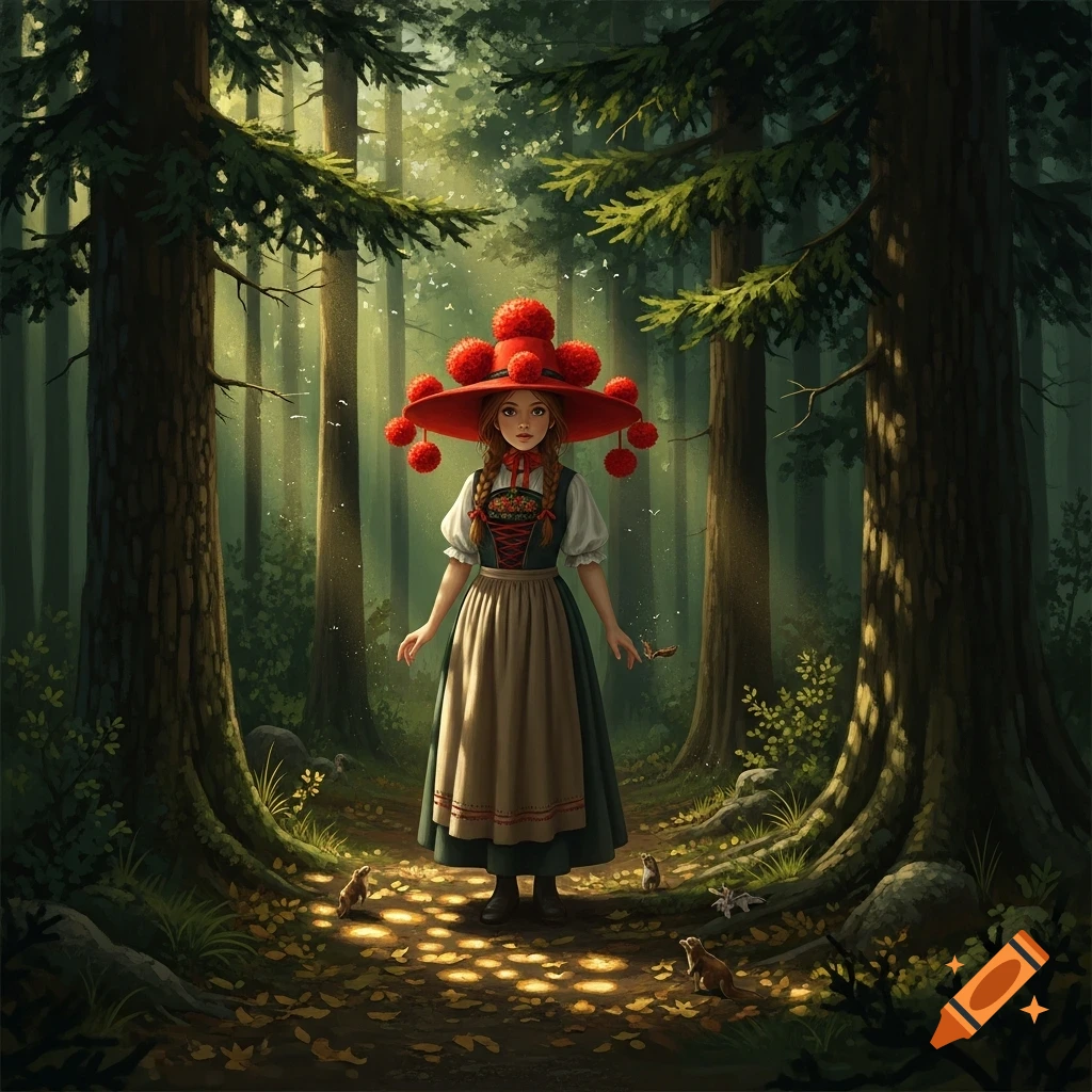 A girl in a red Bollenhut and traditional dress stands in a sun-dappled, mystical forest, with small animals at her feet. Illustrated fantasy art.