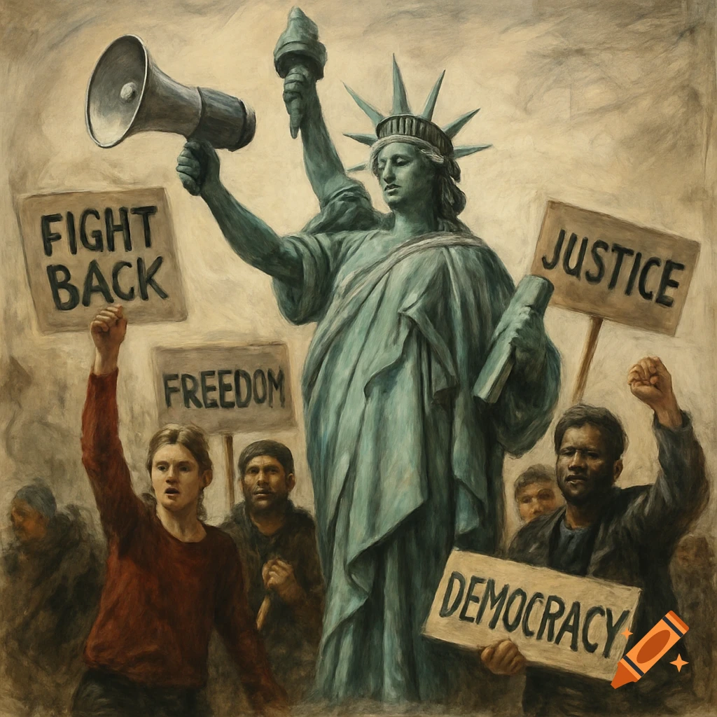 Painting of the Statue of Liberty with a bullhorn leading modern protesters holding signs for justice and freedom.