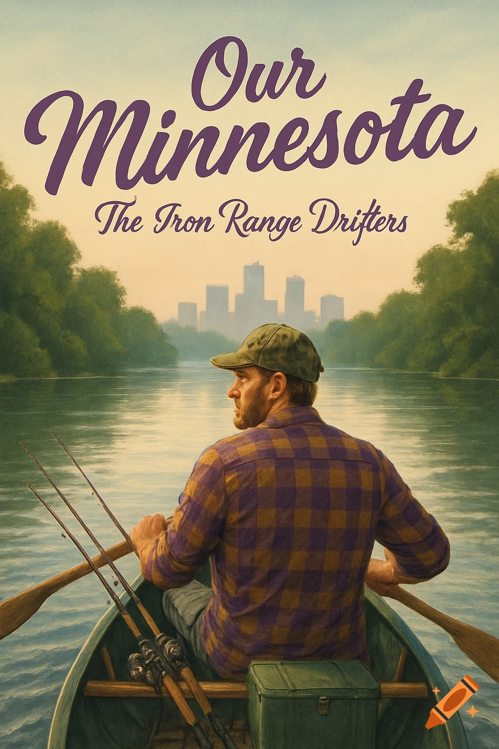 Illustrated poster of a man in a canoe paddling on a river towards a city skyline. Text reads 'Our Minnesota, The Iron Range Drifters'.