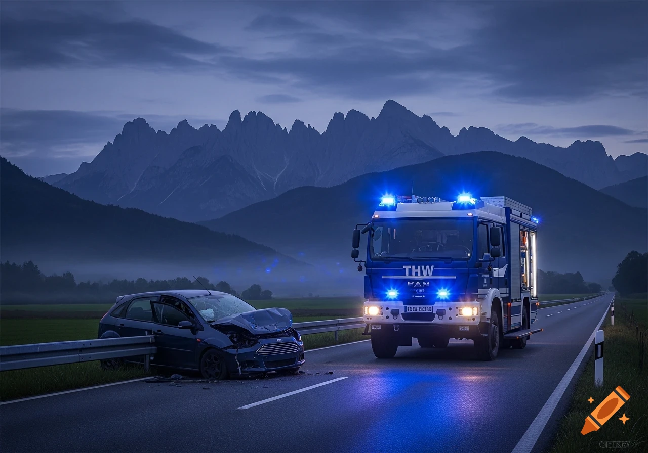 A blue THW rescue truck with flashing lights on a rural road next to a crashed blue Ford car, with mountains in the background at dusk.