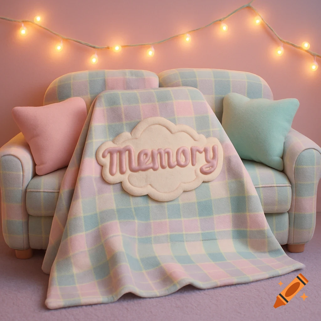 A pastel plaid blanket with a cloud-shaped 'Memory' emblem lies on a matching couch with pink and mint pillows against a pink wall with string lights.