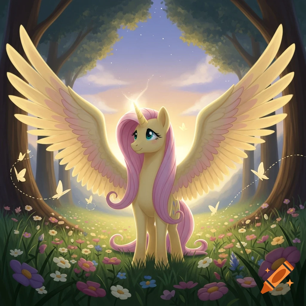 A cartoon alicorn with a yellow body, pink mane, and large golden wings stands in a vibrant flower meadow within a sunlit forest.