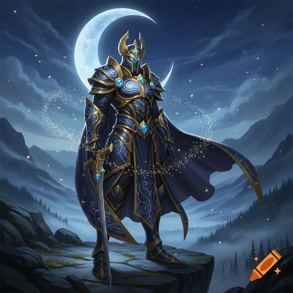A fantasy knight in elaborate dark blue and gold armor stands on a cliff under a crescent moon and starry sky, holding a sword.