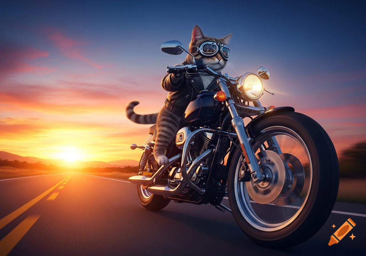 A photorealistic cat in goggles and a leather jacket rides a motorcycle down a road into a vibrant sunset.