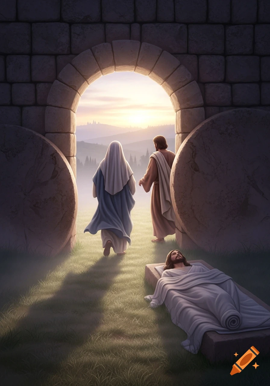 Two robed figures walk from an open stone tomb bathed in sunrise light, while a figure resembling Jesus lies wrapped in linen on a slab.