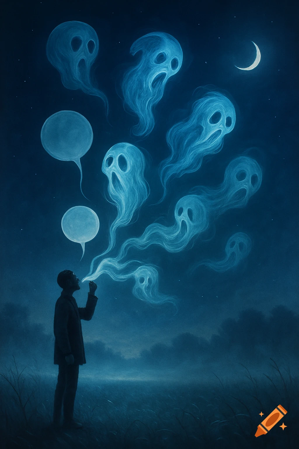 A man in a dark field exhales smoke turning into crying ghosts and speech bubbles under a crescent moon at night.