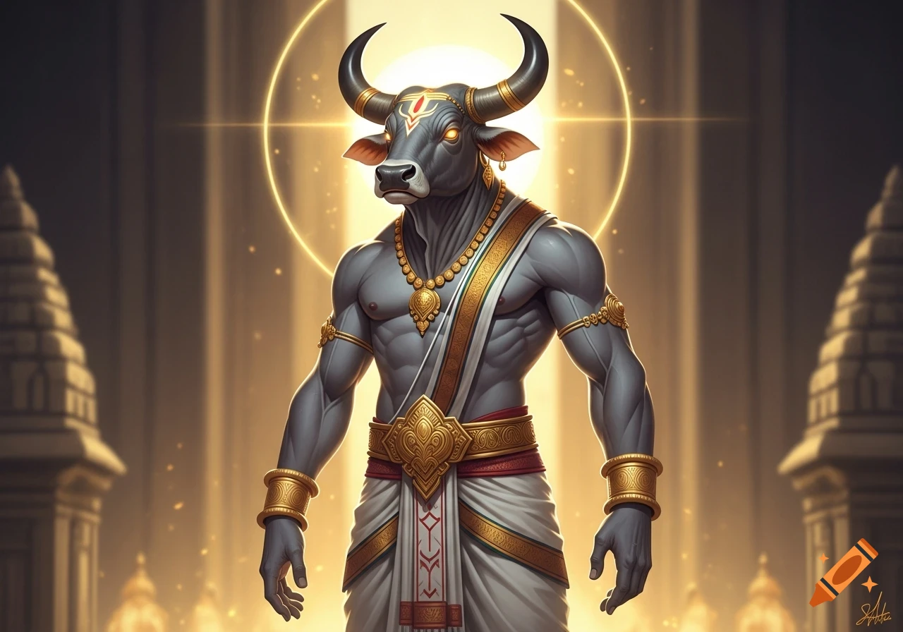 An anthropomorphic bull god in golden Indian attire, with glowing eyes and a halo, stands in a golden temple setting.