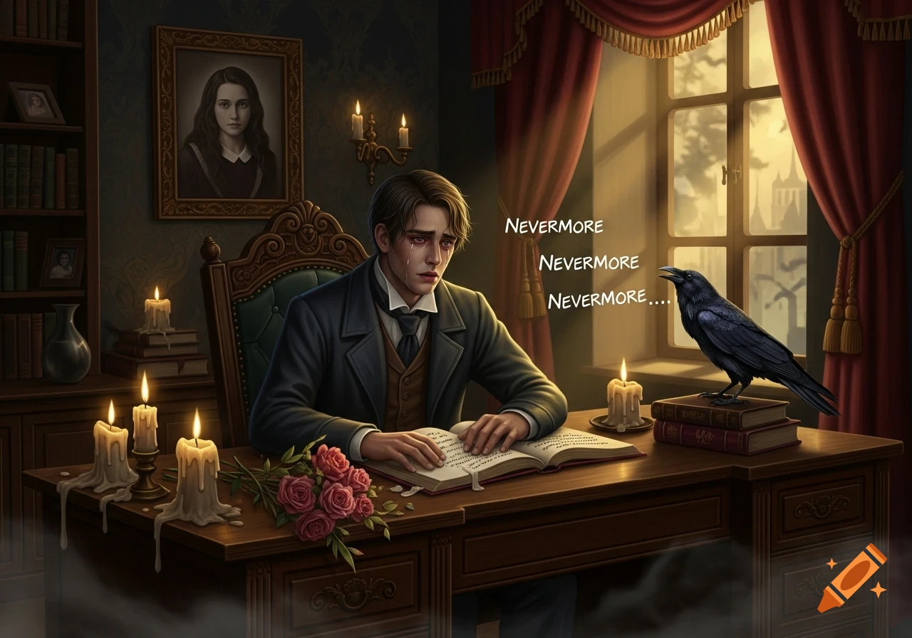 A crying man at a candlelit desk with an open book, a raven perched on books, and "Nevermore" text, in a gothic study.
