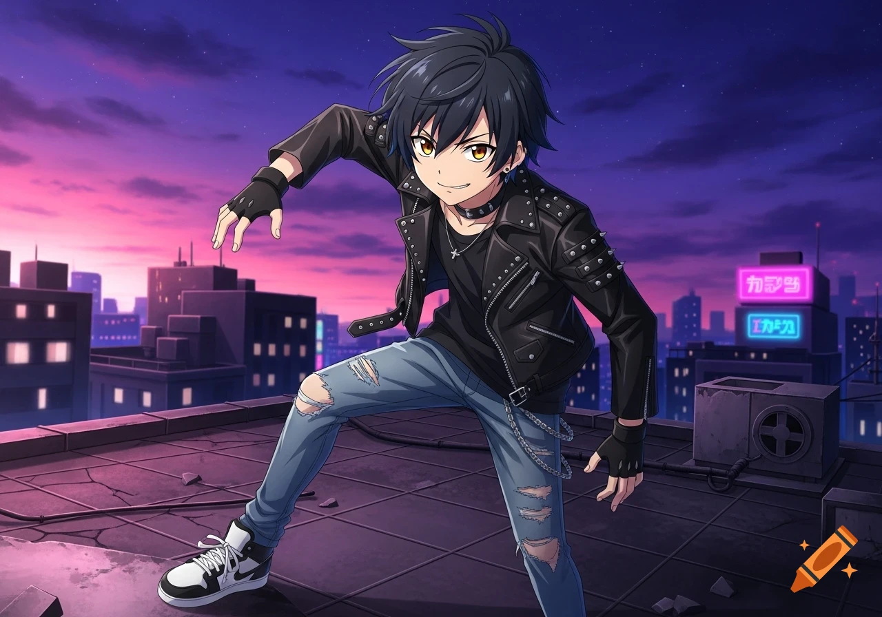 An anime boy with black hair and yellow eyes wears a studded leather jacket, ripped jeans, and sneakers, posing on a city rooftop at sunset.