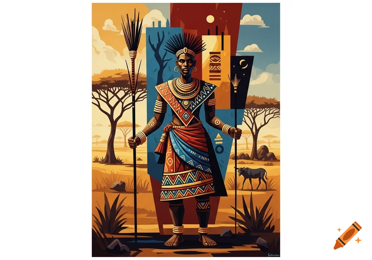A stylized African figure in traditional attire, holding staffs, against a cubist-inspired savanna landscape.
