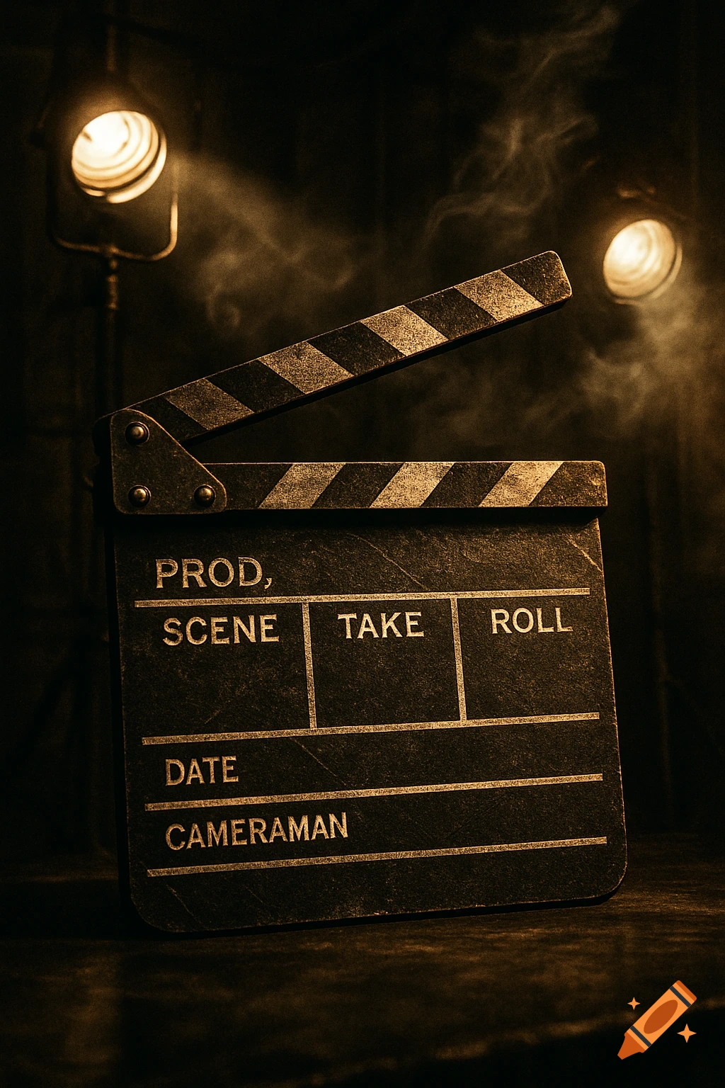 An open clapperboard stands on a dark surface, illuminated from behind by two bright spotlights, creating an atmospheric, cinematic mood.