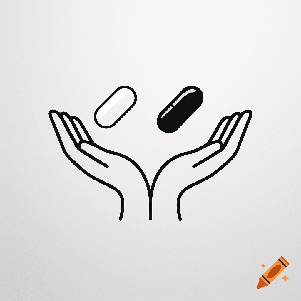 Line art logo of two hands with wrists together, one white pill and one black pill floating above them.