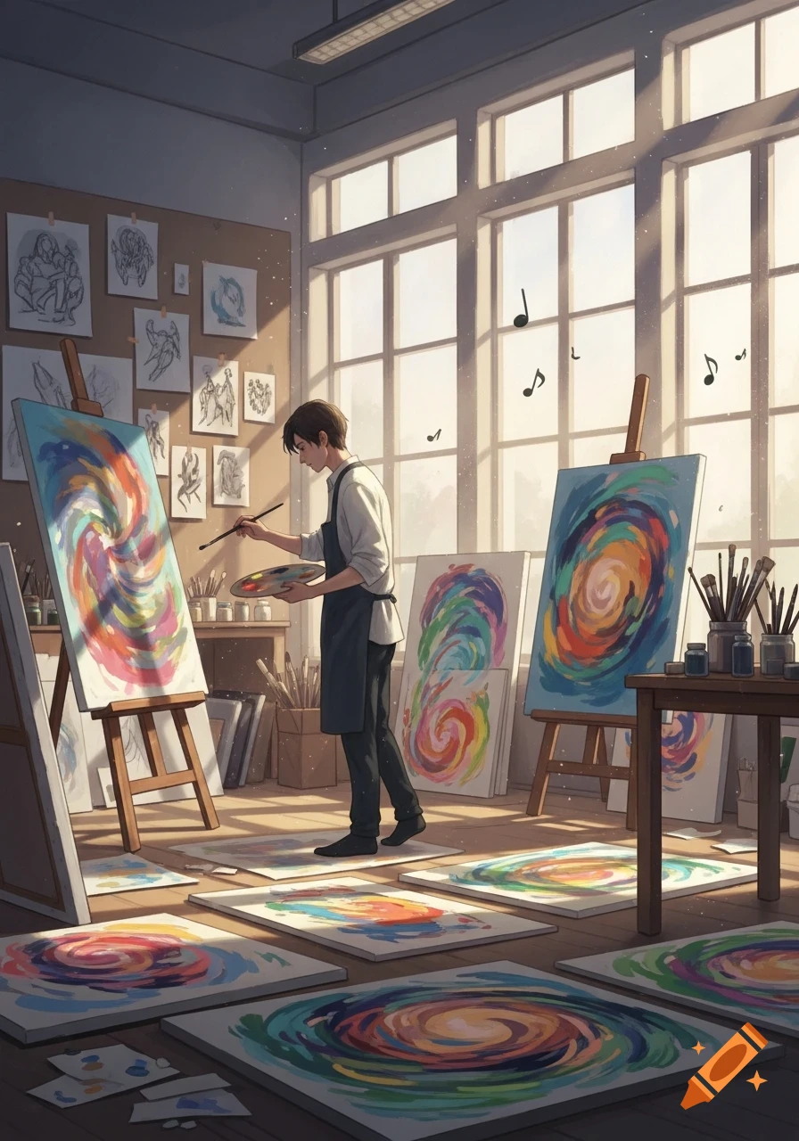 A young artist paints a colorful spiral on an easel in a brightly lit art studio, with many similar abstract paintings around.