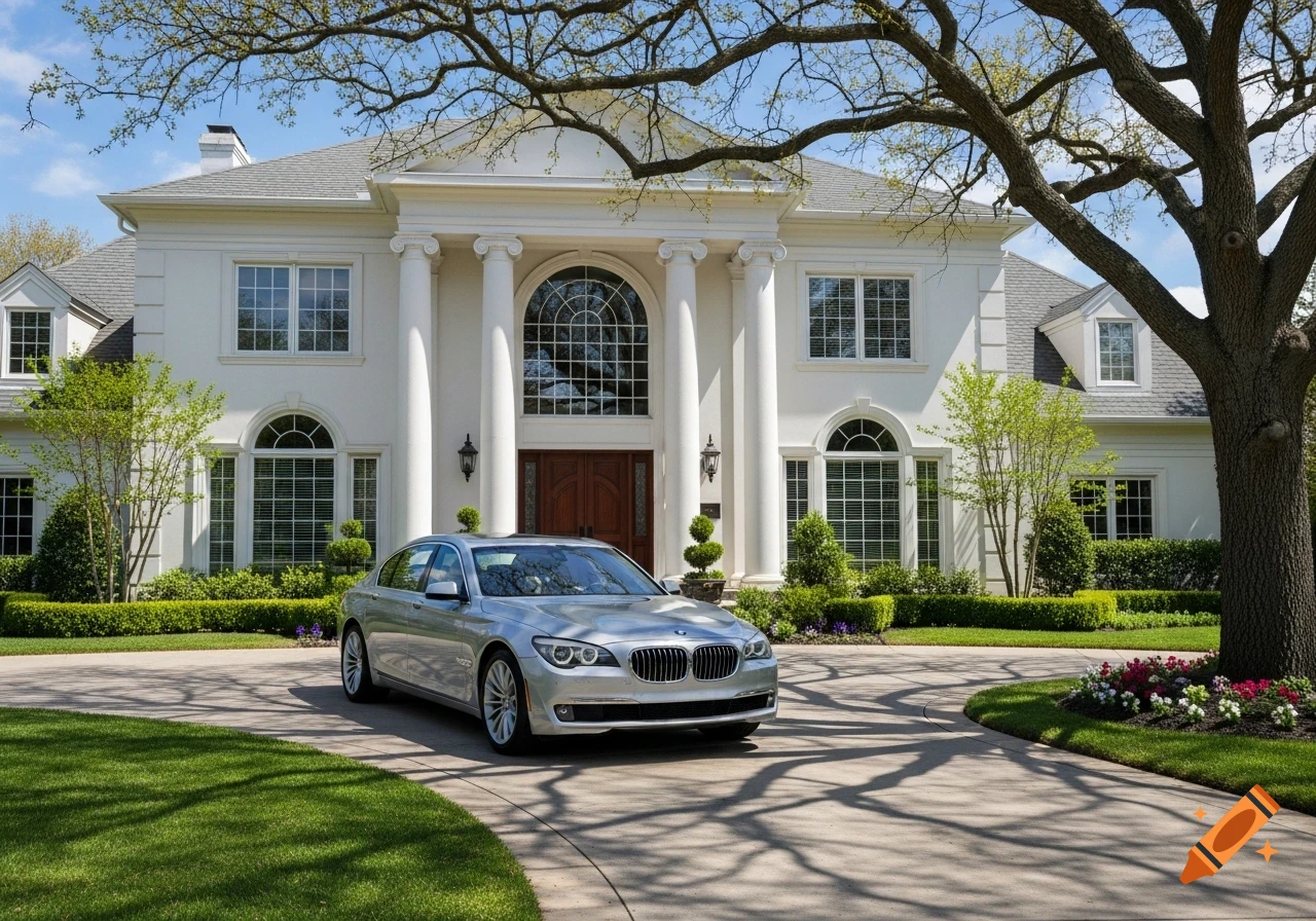 A silver BMW 7 Series sedan parked on a circular driveway in front of a grand, white, classical-style mansion.