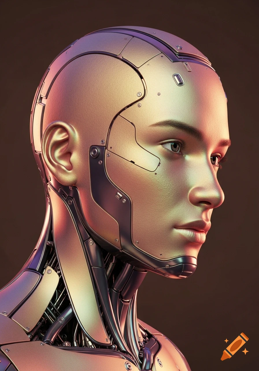 Close-up profile of a futuristic cyborg with a human-like face and iridescent golden-rose metallic mechanical head and neck.