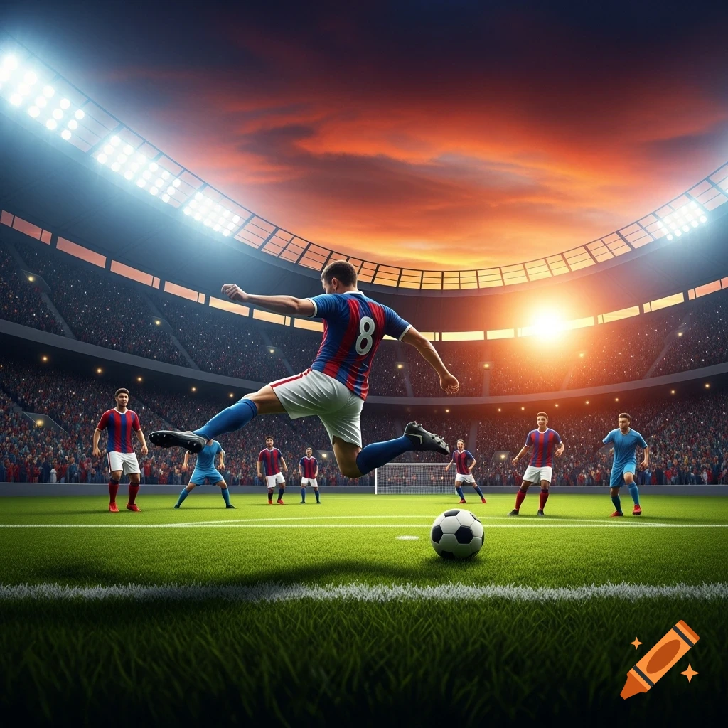 Photorealistic soccer player mid-kick on a green field in a stadium with a dramatic sunset sky.