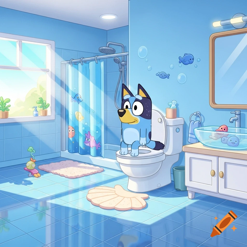 Bluey, the cartoon dog, sits on a toilet in a brightly lit blue bathroom with a shower and sink.