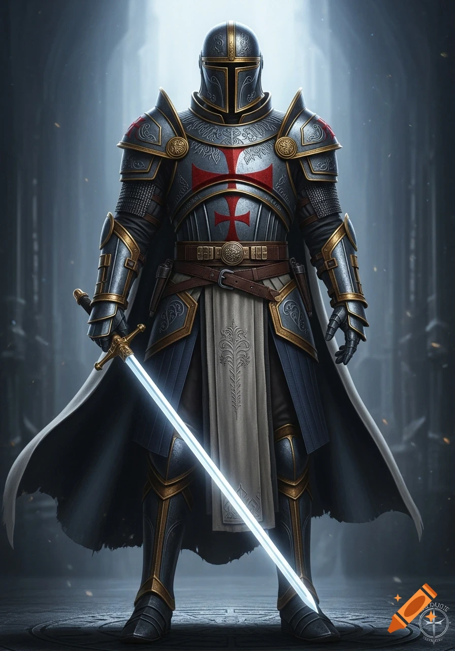 A photorealistic full-body depiction of a Templar knight in ornate armor, holding a glowing sword, in a dark, atmospheric setting.