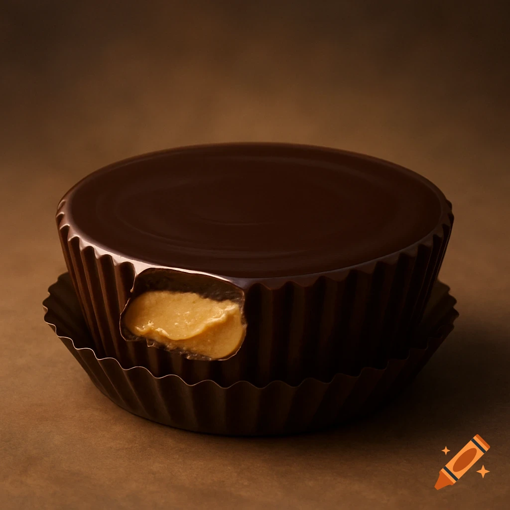 Close-up of a chocolate peanut butter cup with a bite taken out, revealing the creamy peanut butter filling against a brown background.