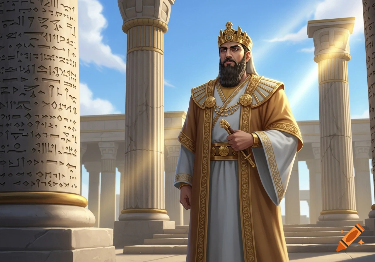 A regal king with a black beard and golden crown stands in a golden and white robe, holding a dagger, amidst ancient stone pillars with carvings under a blue sky.