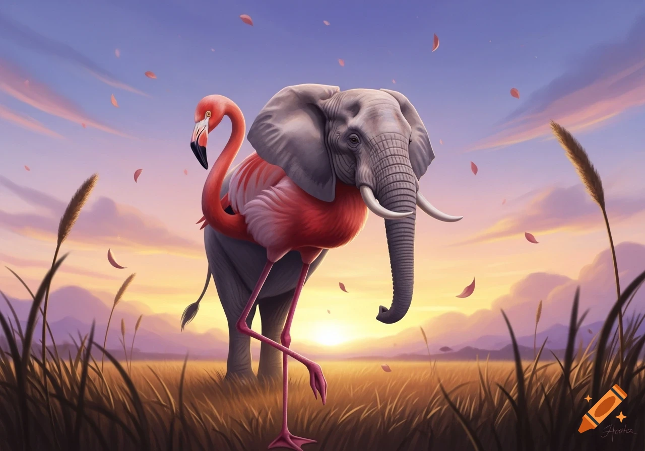 A whimsical elephant-flamingo hybrid stands in a golden grassy field at sunset with falling pink petals.
