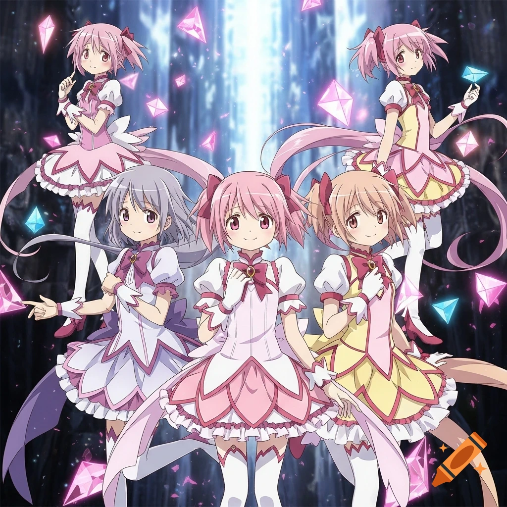 Five anime magical girls in pastel frilly dresses and bows are surrounded by pink and blue crystals in a glowing magical setting.