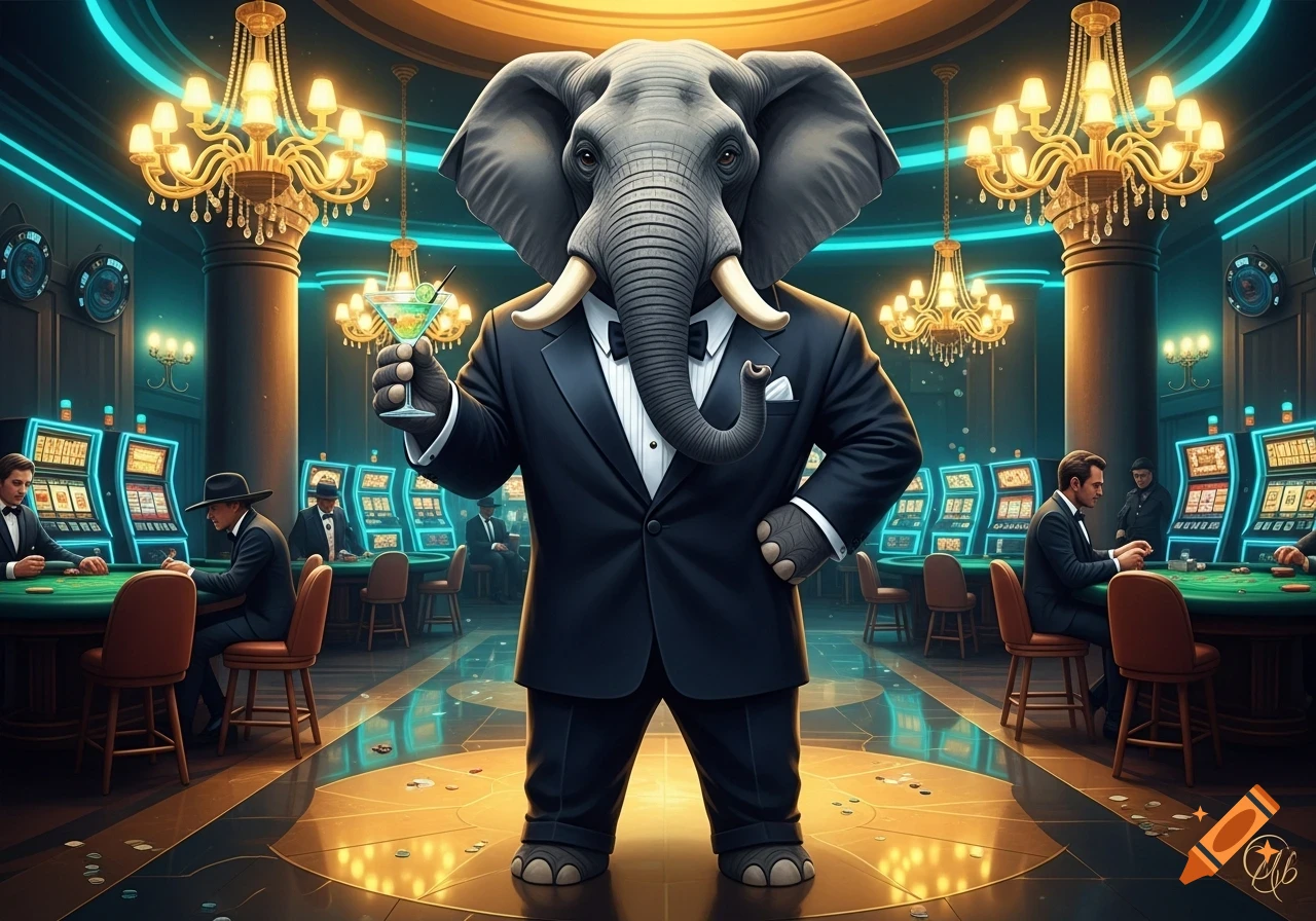 An anthropomorphic elephant in a tuxedo holds a cocktail glass, standing prominently in a lavish casino setting with slot machines and gamblers in the background.