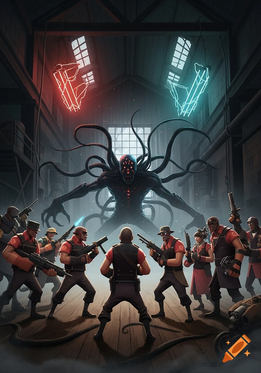 Stylized art of Team Fortress 2 characters in a warehouse, surrounding and preparing to fight a large, many-eyed, tentacled monster.