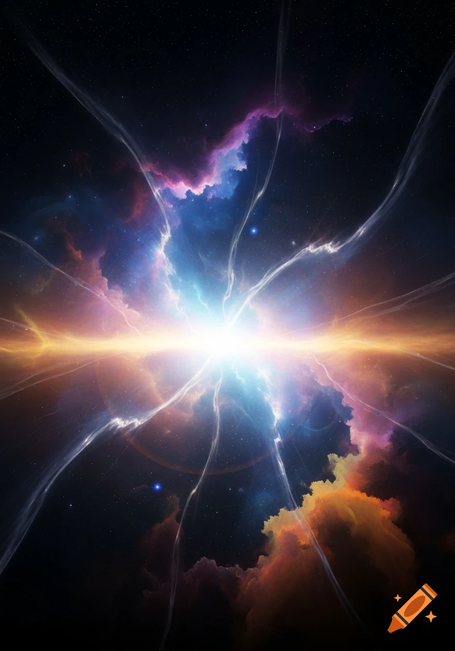 A brilliant cosmic explosion with a white and blue core, surrounded by swirling colorful nebulae in orange, purple, and blue, with radiating light tendrils.