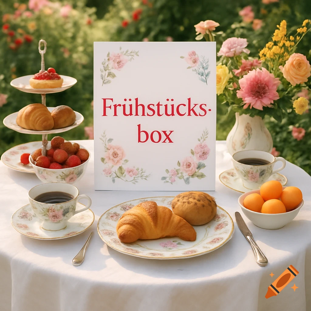 A breakfast table set outdoors in a garden, featuring pastries, fruit, coffee, and a white sign with "Frühstücksbox" in red text.