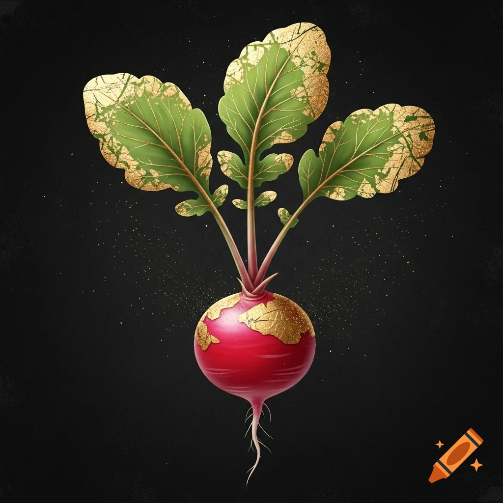 A stylized radish with gold leaf details on its red bulb and green leaves, against a dark background.