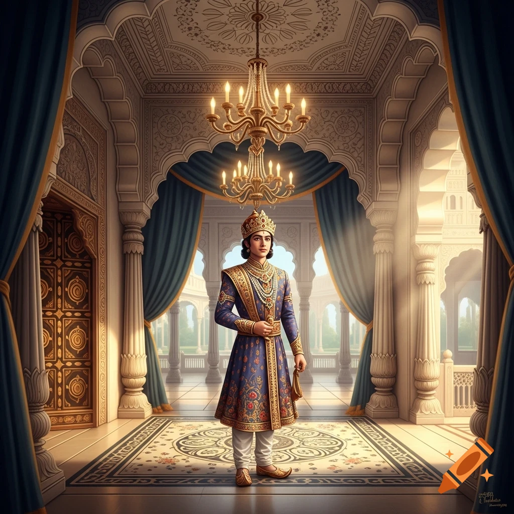 A young man in elaborate traditional Indian royal attire stands in a grand palace hall with chandeliers and ornate architecture.