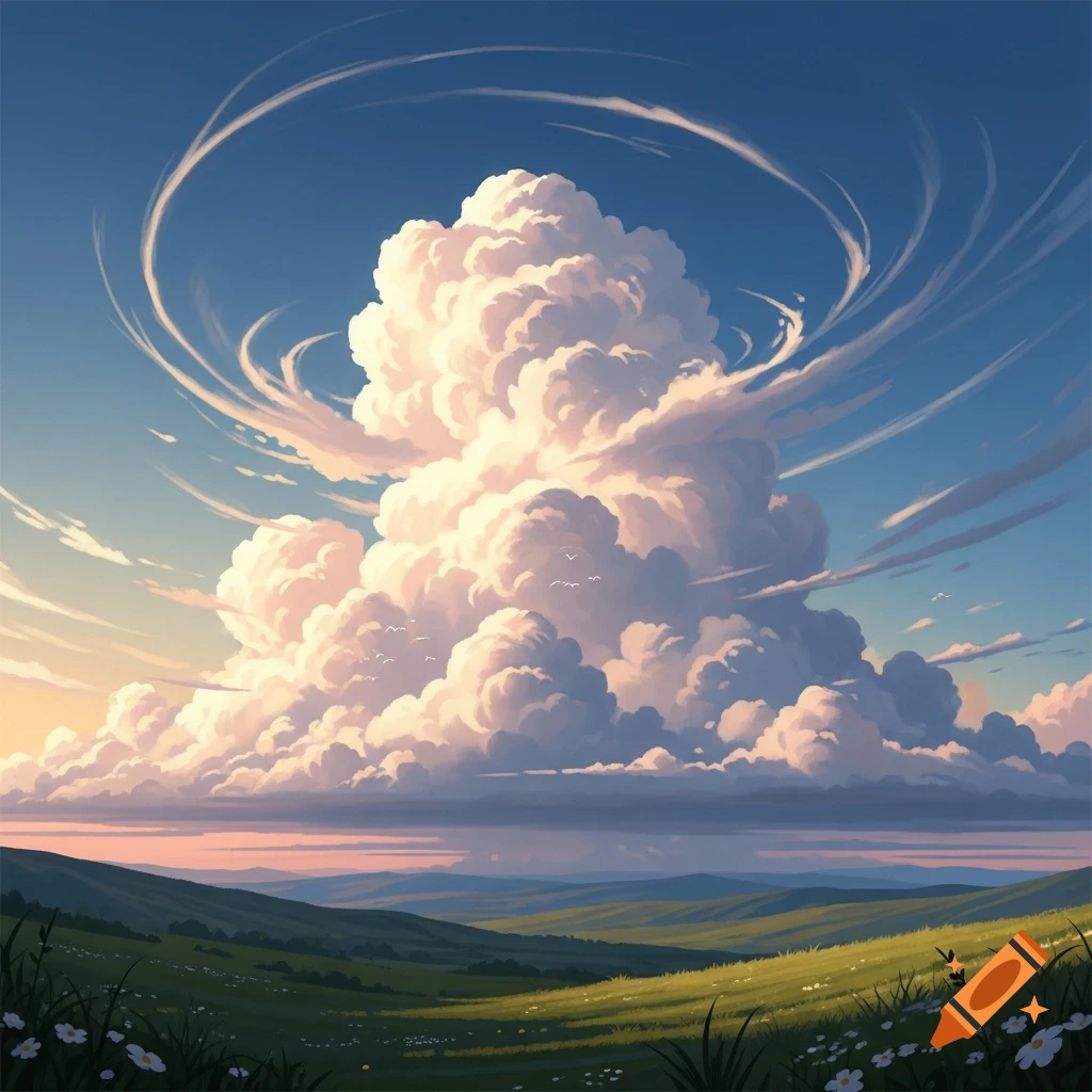 An anime-style landscape featuring a massive, towering cumulus cloud over rolling green hills under a bright blue sky with wispy clouds.