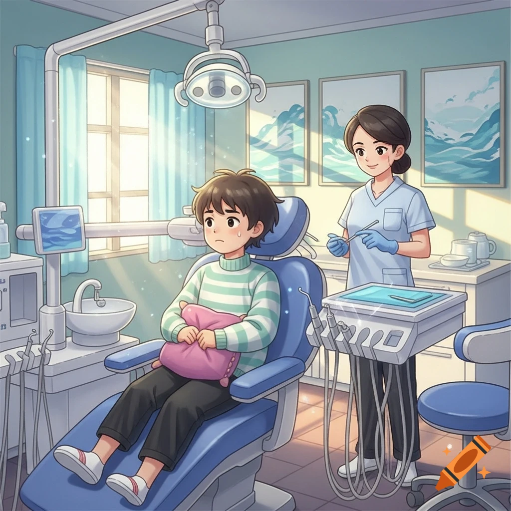 An anxious boy in a dental chair holds a pink pillow while a female dentist stands by, in an anime style.