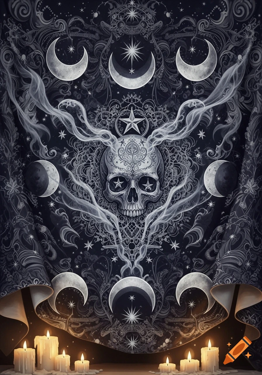Gothic tapestry featuring an ornate skull with stars in its eyes, surrounded by moons, celestial patterns, and lit candles.
