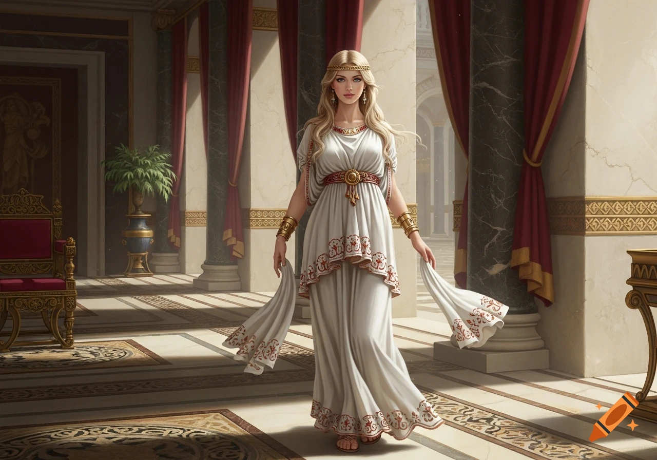 A beautiful blonde woman in a flowing white classical Greek dress with gold accents stands in an opulent, sunlit hall.