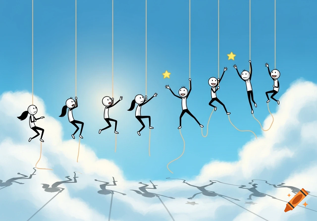 Cartoon stick figures climb ropes in a blue sky, reaching for yellow stars, with shadows on clouds.